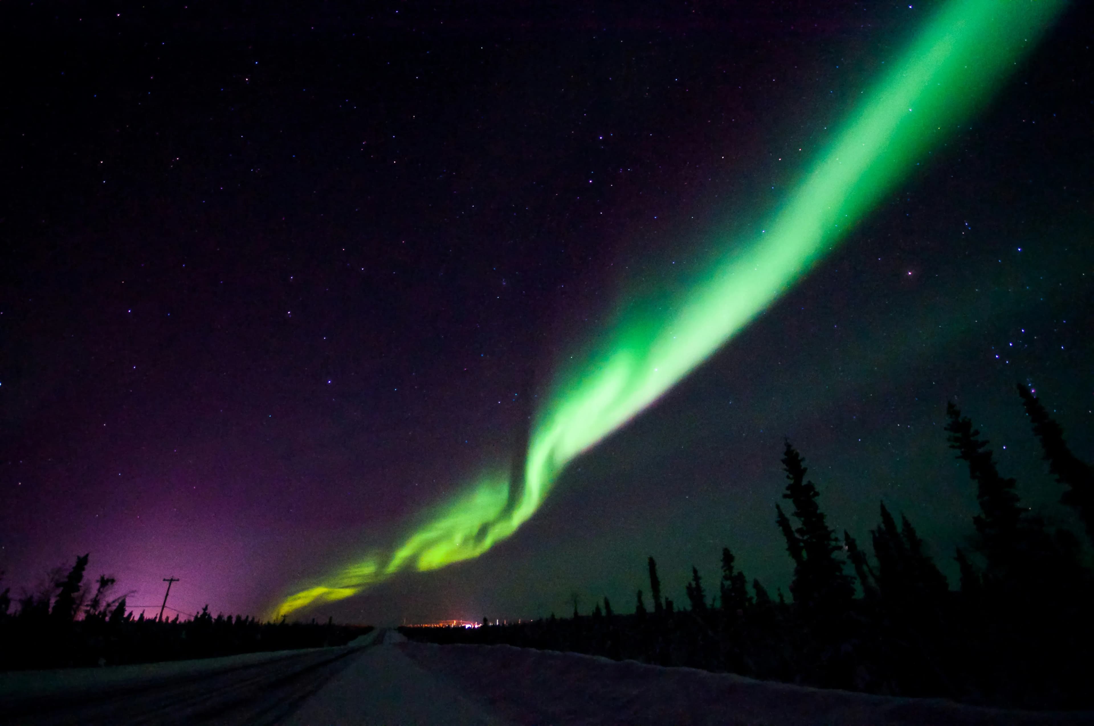 Northern lights over Finnish Lapland winter forest